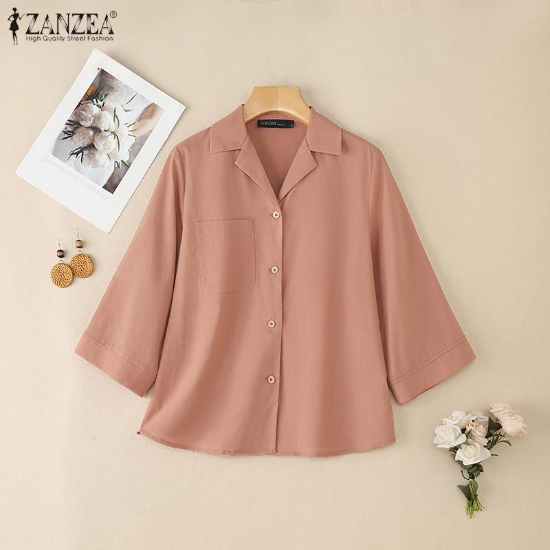 ZANZEA Women Turn Down Collar Loose 3/4 Sleeve Cotton Blouse