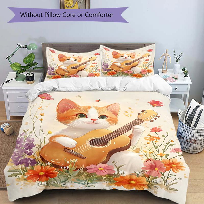 

3pcs Cat Playing Guitar Printed Duvet Cover Set (1 * Cover+2 * Pillowcase, Without Core), Suitable for Home Bedroom, Guest Room, Dormitory Decora 135x200cm