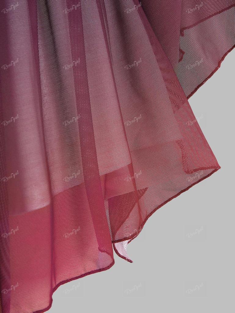 Rosegal Plus Size Lace Up Ombre Mesh Ruched Asymmetrical Flare Sleeve Top