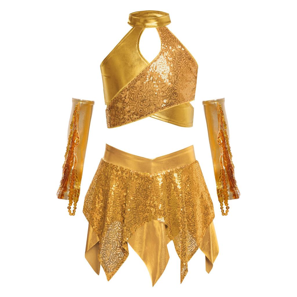 Dívčí kostým pro jazzový tanec s křížovým výstřihem, třpytivými flitry, metalickým zkráceným topem a asymetrickou sukní