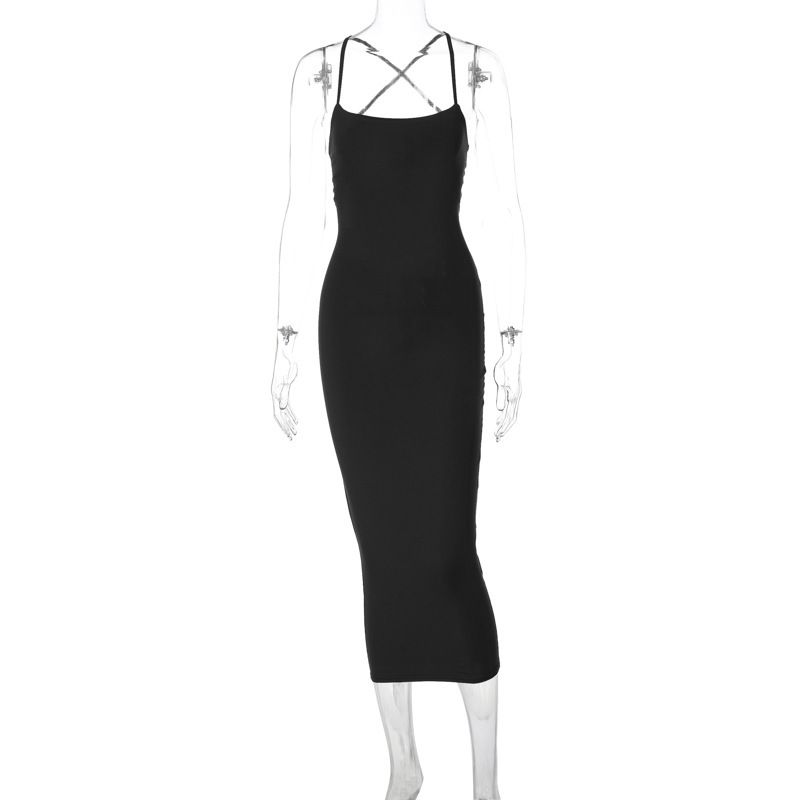 

Bareback Strap Solid Color Dress Open Back Tied Slim Fit Pure Color Dress Black S