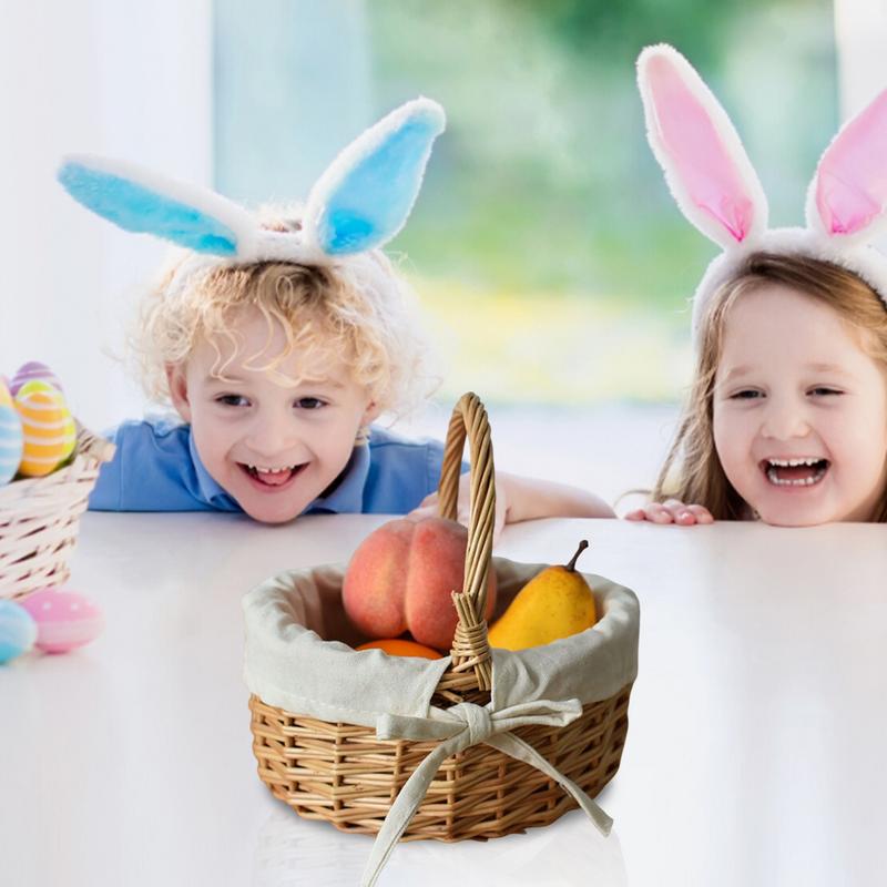 Portable Woven Rattan Basket Flower Basket Gift Basket with Handles and Cloth Lining Fruit Vegetable Bread Sundries Storage Bask