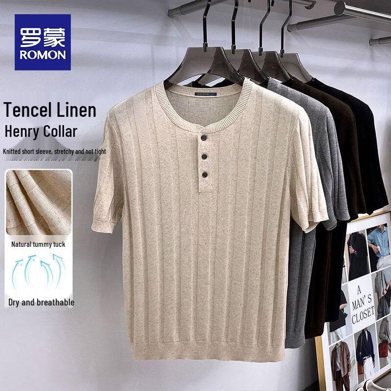 ROMON Men s Henley Knitted Short Sleeve T-Shirt L