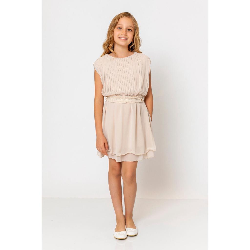 Girl's Round Neck Belted Pleated Dress