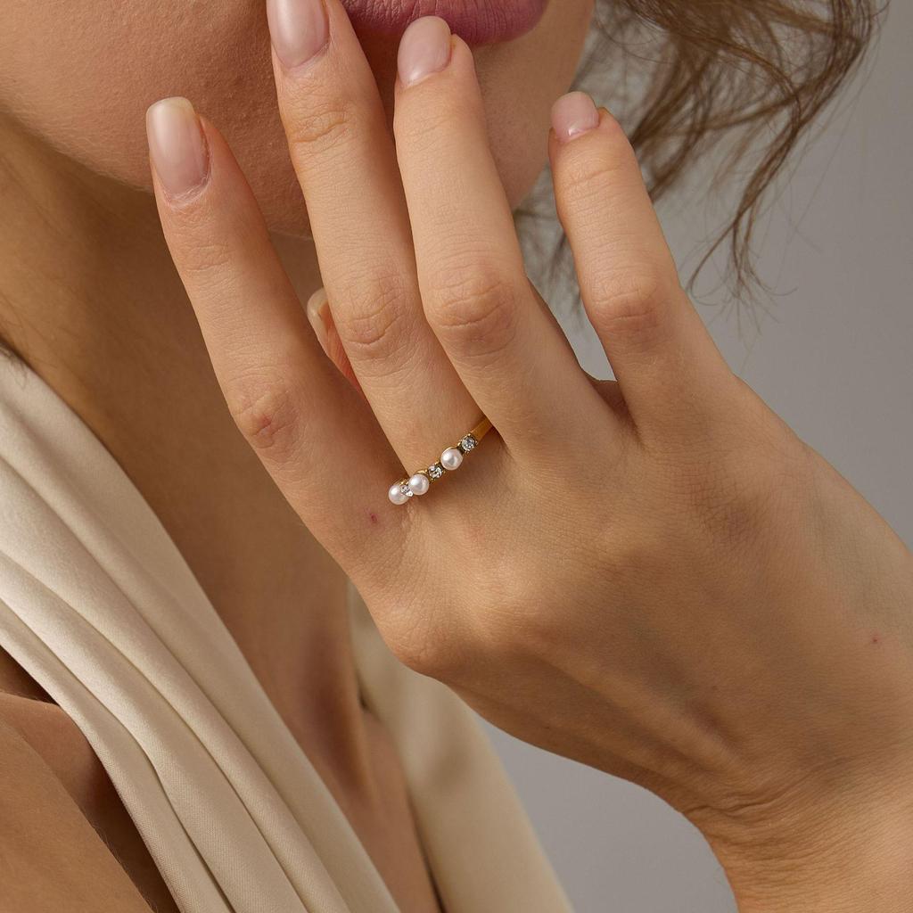 Luxus Zirkon Perlen Edelstahl Ring - High-End Titan Modeschmuck für Damen