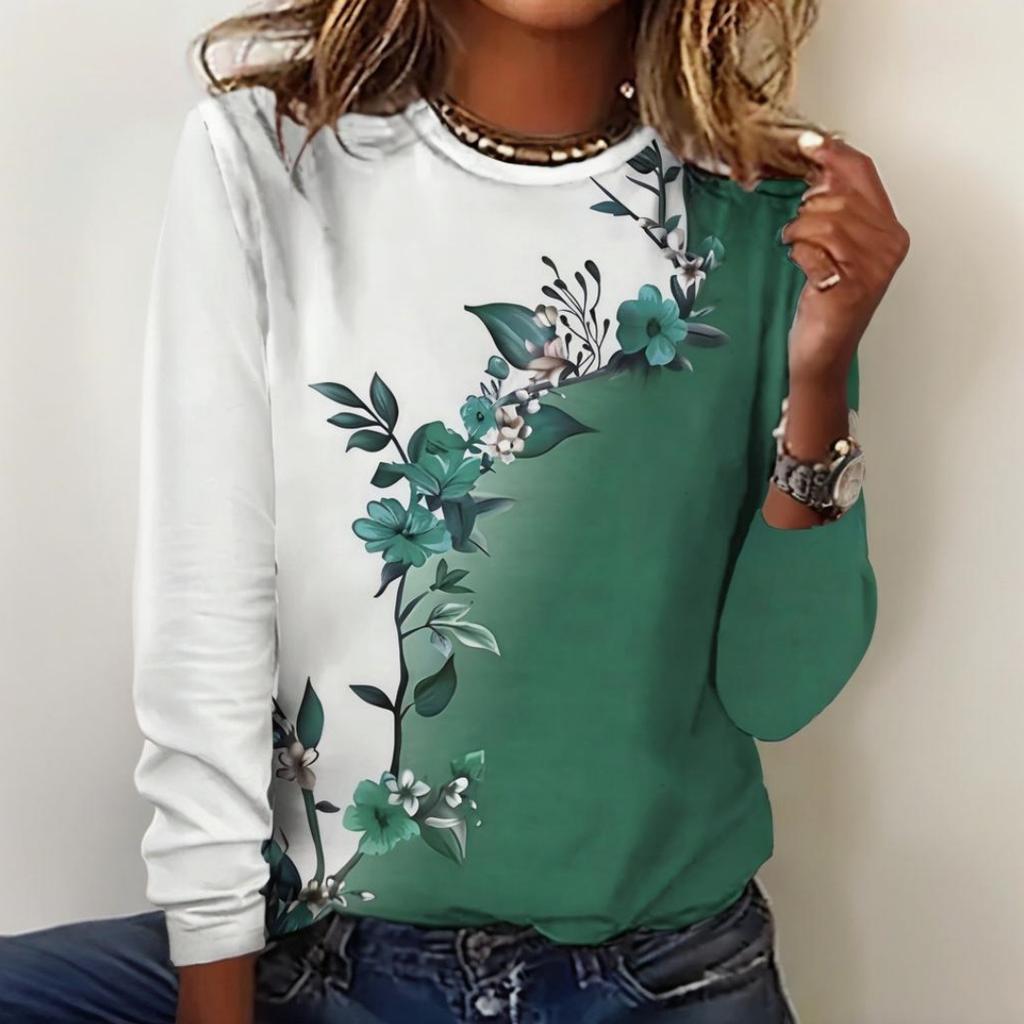 Patterned Women's Long Sleeve T-Shirt Autumn Crew Neck Comfortable Slim Fit Beautiful Top Gradient Style Women's Style
