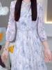 Women's Spring 2026 Seven-Sleeve Ruffled Collar Belted Printed Midi Dress