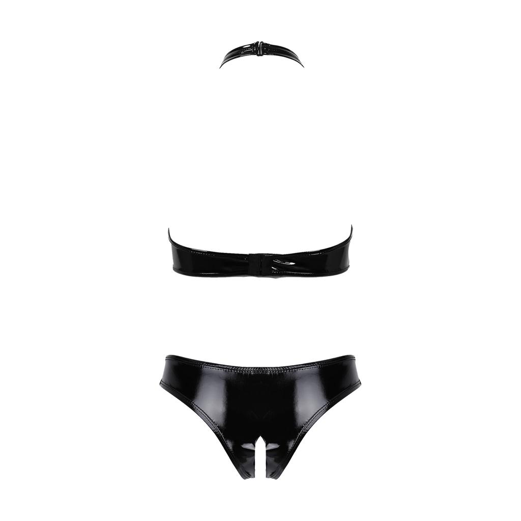 Womens Patent Leather Lingerie Set Halter Neck Open Cup Bra Crotchless Briefs Wet Look Clubwear Night Outfit