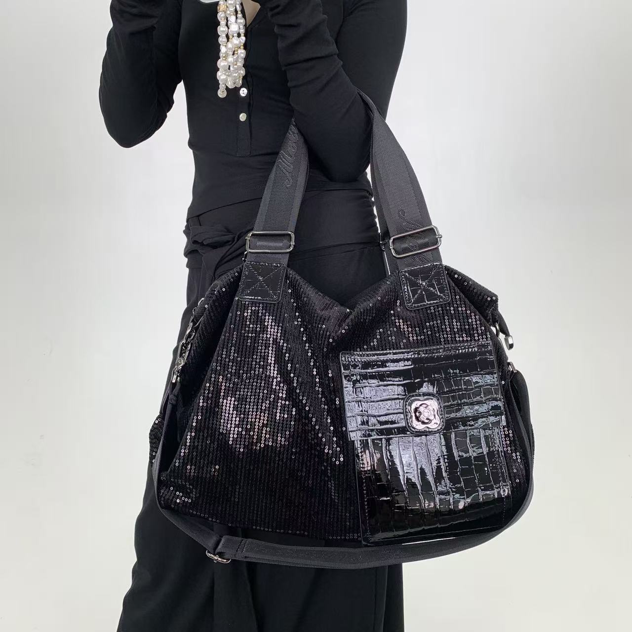 Модная стильная сумка через плечо с пайетками, большая вместительная, ретро-персональность, сумка-тоут, сумка-мессенджер чёрный