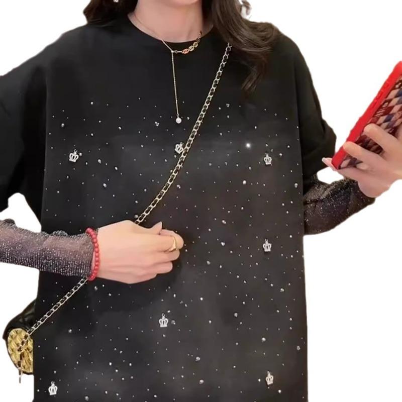 Women's Plus Size Mesh Stitching Age Reduction Long Sleeve Design Sense Crown Ironing Drill Blouse