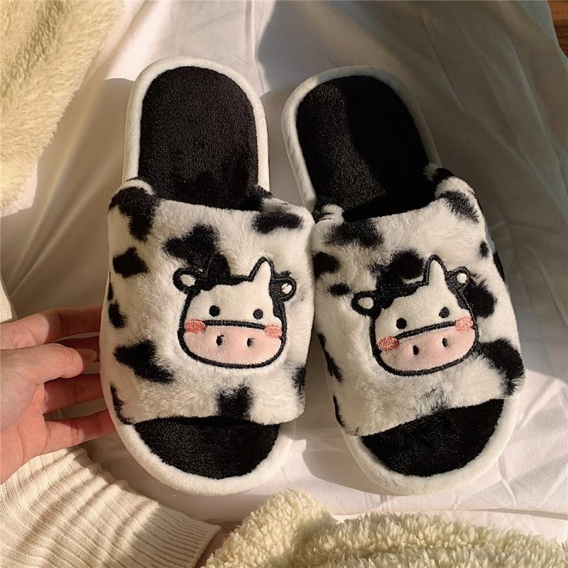 Fashion Smile Winter Warm Antiskid Wool Slippers  Household Indoor Thick-soled Plush Cotton Slippers Open Toe Cotton Slippers Cute Cow