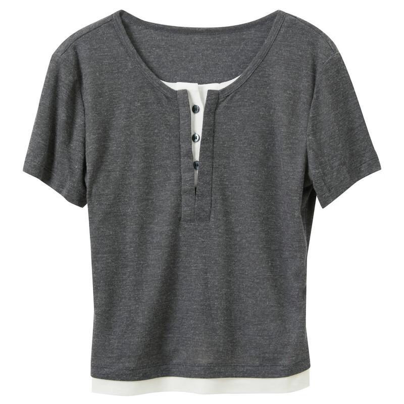 Sancai Women's Short Sleeve Fake Two-Piece T-shirt