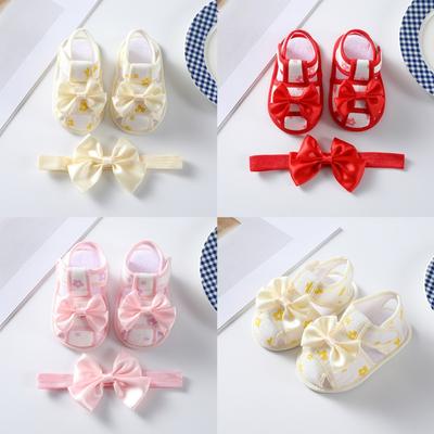 Summer Newborn Sandals Girls First Walkers Bow Crib Shoes with Headband Soft Sole Learning Walking Shoes 0-12 M