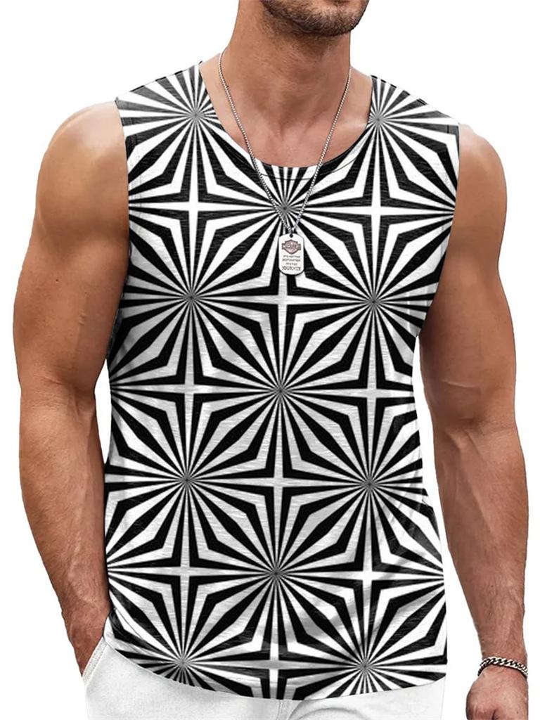 Canottiera Uomo Retro Geometrica Stampata 3D Estiva Casual Girocollo Tendenza Moda Gilet Senza Maniche Ampio Traspirante Top Sportivi