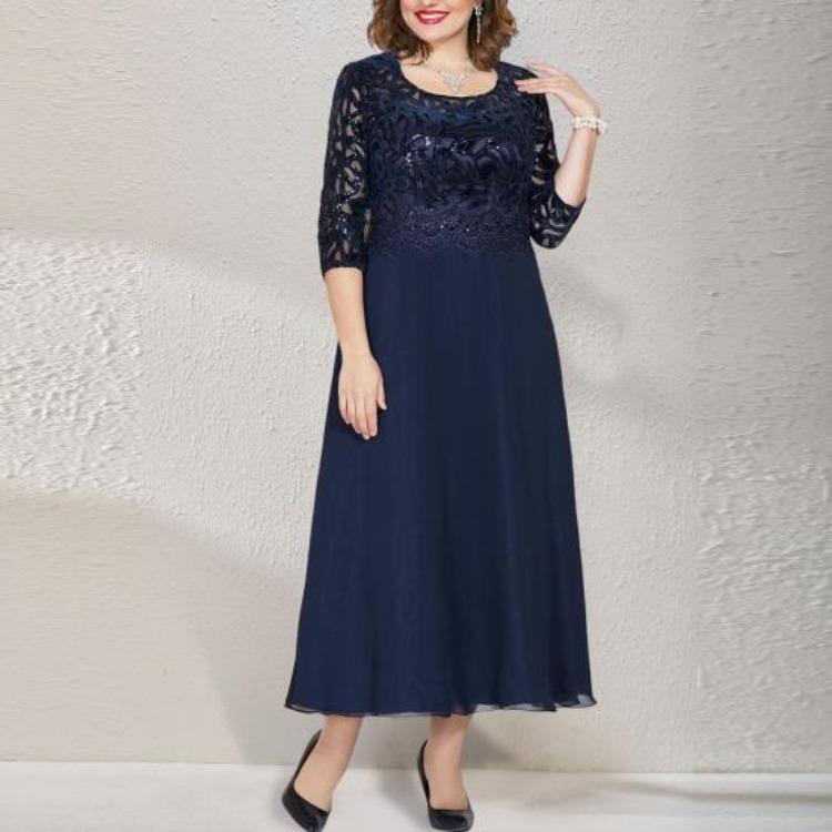 Evening Dress Plus Size Lace Embroidery Chiffon Patchwork A-Line O-Neck Half Sleeve High Waist Flowy Hem Long Dress Female Clothing