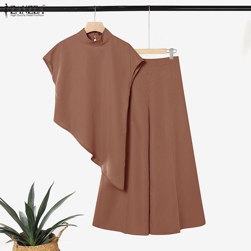 ZANZEA Women Short Sleeve Irregular Blouse and Pants Summer Two Piece Suit Sets