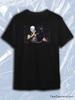 Schwarzes Rundhals-Kurzarm-T-Shirt mit Fotodruck von zwei maskierten Hip-Hop-Künstlern