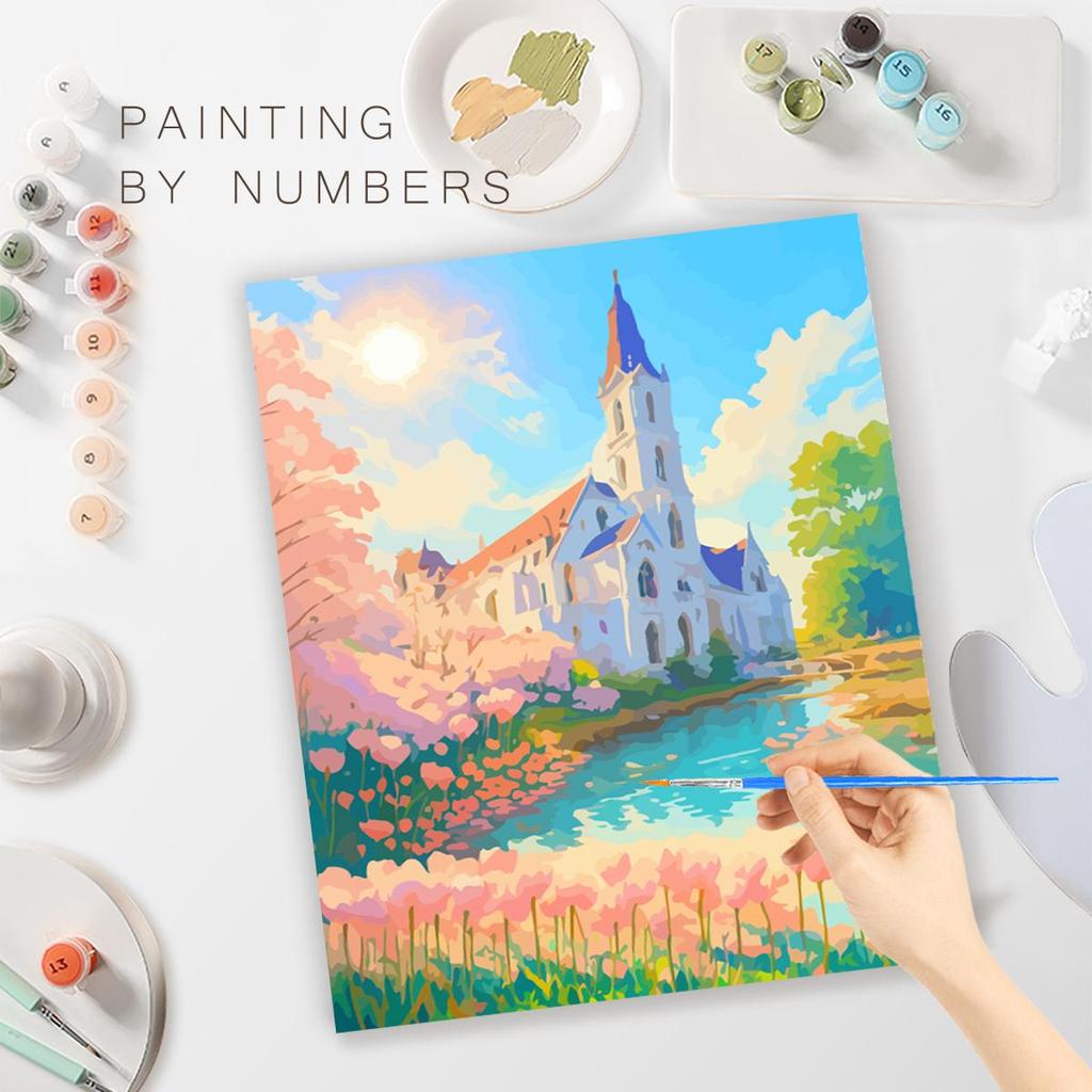 RUOPOTY Moderní DIY Malování podle čísel s rámem Hrad a květiny Ručně malované Akrylové barvy podle čísel pro domácí dekorace