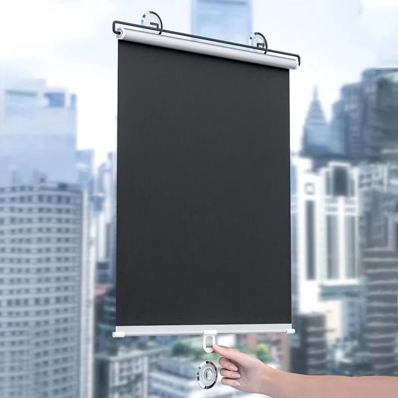 No Drilling Retractable Roller Window Shades Silver Coating Black Blackout Blind Shade Temporary Cover Curtain for Home Car