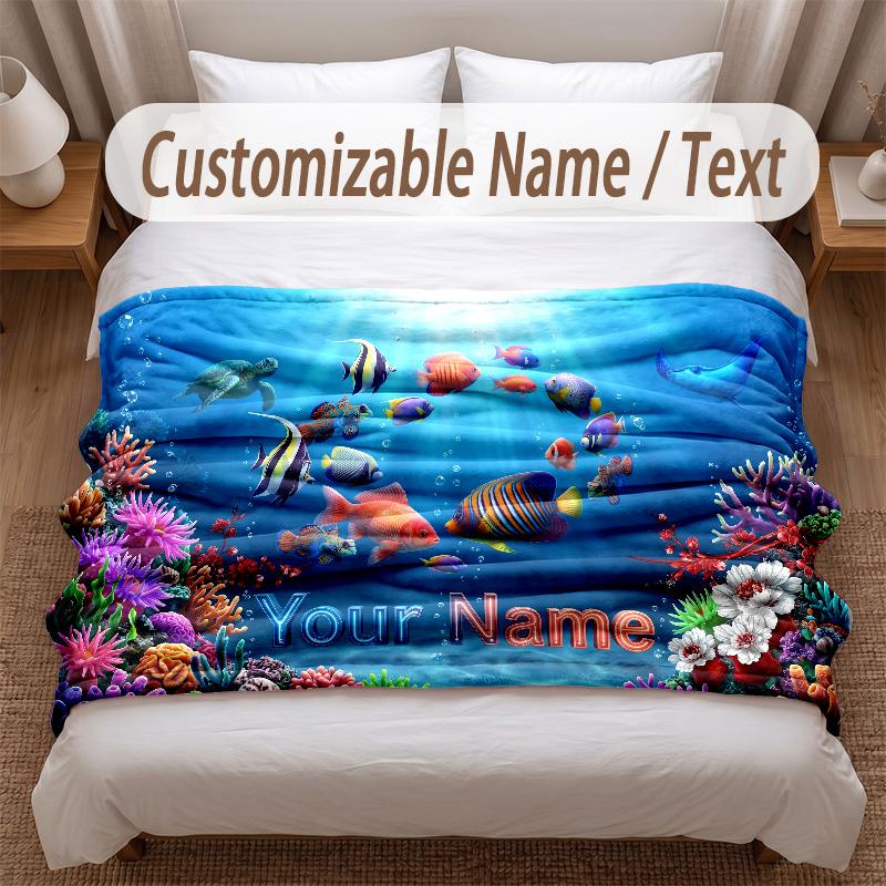 Fish Ocean Theme Soft Blanket Personalized Custom Name Text Print Warm Blanket Home Sofa Bedroom Decor