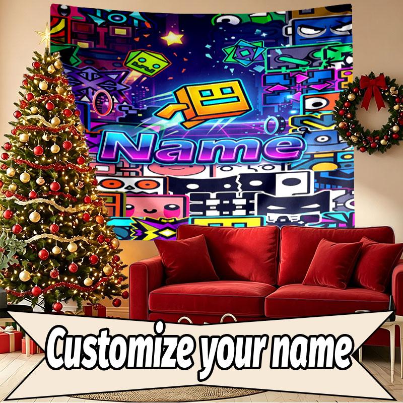 Custom Name Personalized Geometry Dash Print Tapestry, Wall Art Decor, Bedroom, Dorm, Apartment, LivingRoom, Party Backdrop, Gift for Birthday