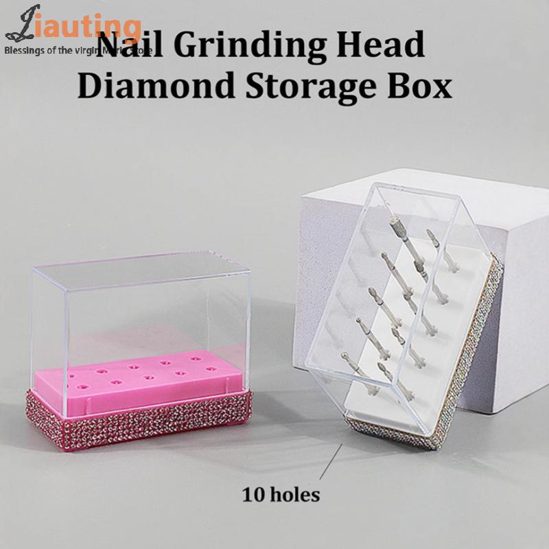 Držák na nástroje pro nail art 10 otvorů s umělým třpytivým diamantem Úložný box na brusné bity na nehty Organizér pouzdro na lešticí a brusné hlavičky na nehty