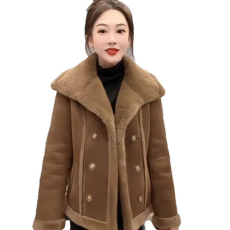 Double-Breasted Lapel Leather-Fur Jacket: Stylish, Chic, Versatile, Loose-Fit Women's Casual Top