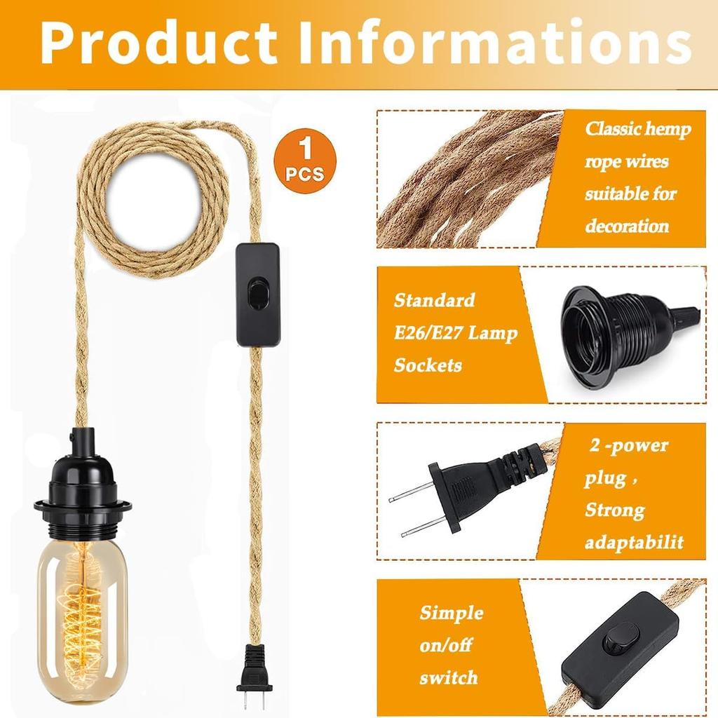 Plug-in Pendant Light with Hemp Cord - 15ft, E26/E27 Compatible Vintage Fabric Lamp - Ideal for Rustic and Boho Style Decor