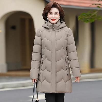 Damen Winter Lange Warme Jacke Mittleren Alters und Ältere Übergröße Einfarbig Kapuzenjacke
