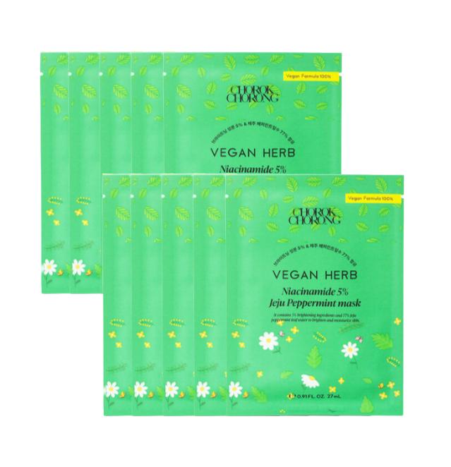 

Chorok Chorong Vegan Herb Niacinamide 5% Jeju Peppermint sheet Mask (27ml x10EA) (3 Options) # 10 sheets