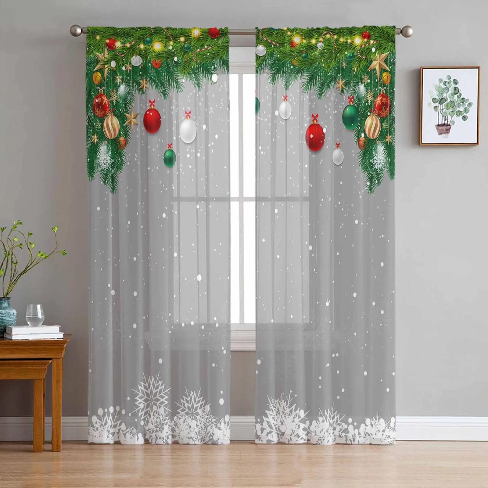 

Рождественская елка Снежинка Снеговик Серая пряжа Шторы для окон Тюль Шторы для гостиной Кухни Окно Прозрачные вуалевые Шторы W135 x H245cm x1&Grommet Top
