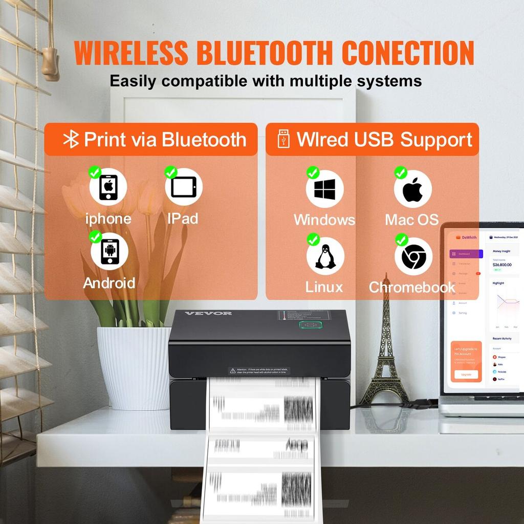 Thermal Label Printer, 300DPI for 4x6 Mailing Packages, Bluetooth & Automatic Label Recognition, Support Windows/MacOS/Linux/Chromebook/Android/IOS,