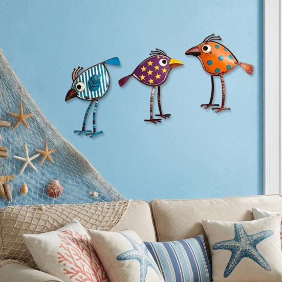 3Pcs Wooden Birds Wall Art Decor, Colorful Bird Wall Hangings, Funny Bird Wall Sculpture with Polka Dot Star Pattern Leaf Design for Farmhouse