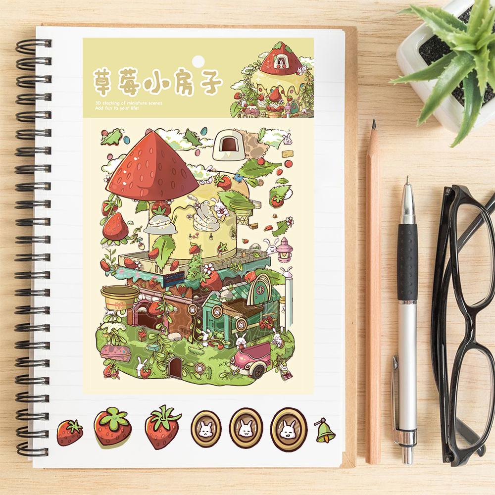 Cute Strawberry House Miniature Scene Sticker Harajuku Landscape Aesthetic Graffiti Laptop Landscape Community Sticker Creative