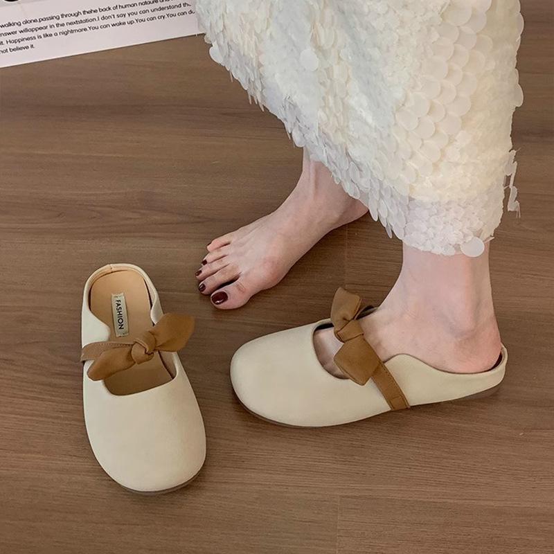 Baotou half slippers women's outer wear 2025 new summer explosion French fairy style bow soft bottom maternity sandals