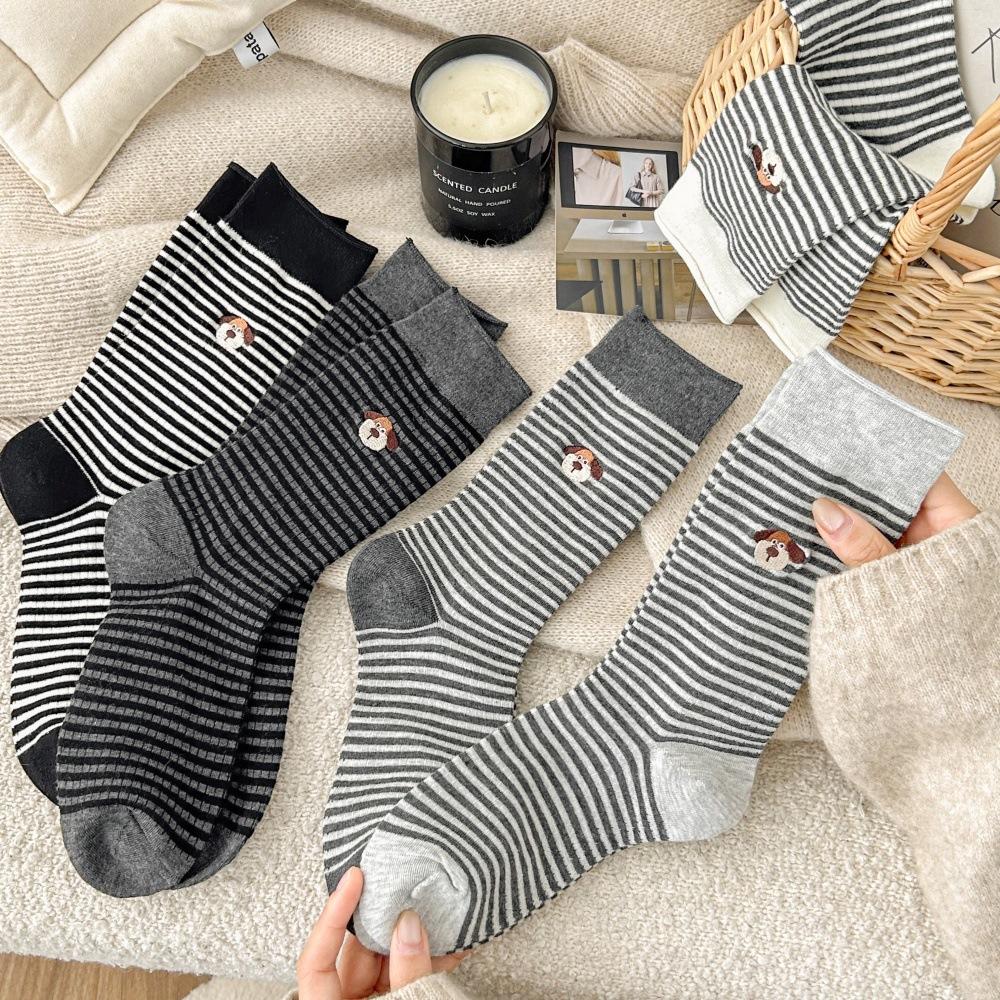 Socks Autumn Embroidery Cartoon Dog Medium Tube Socks Trend Brand Korean Striped Stacking Socks Cotton Socks Women
