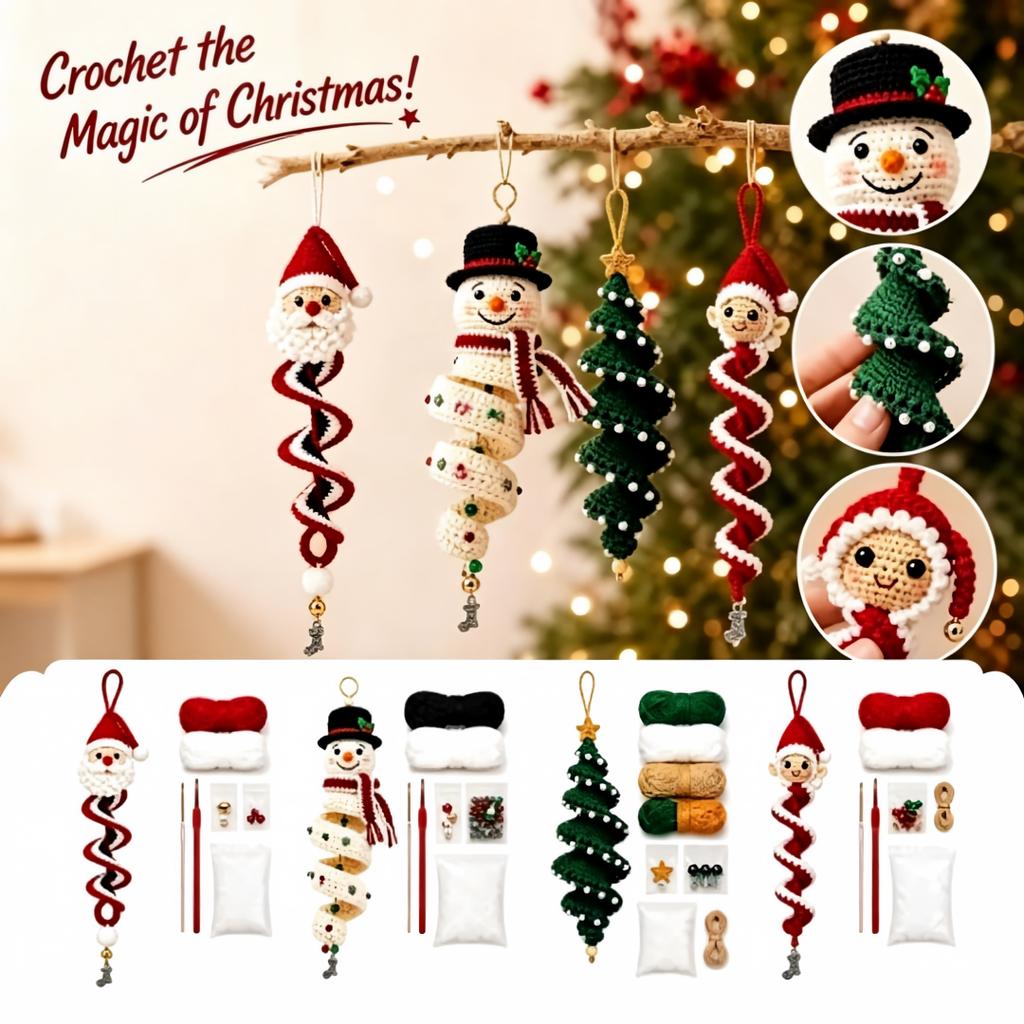 Christmas Crochet Spiral Ornament DIY Kit Handmad Kit Snowman Santa Tree Hanging Pendants Beginner Xmas Home Decor Holiday Gift