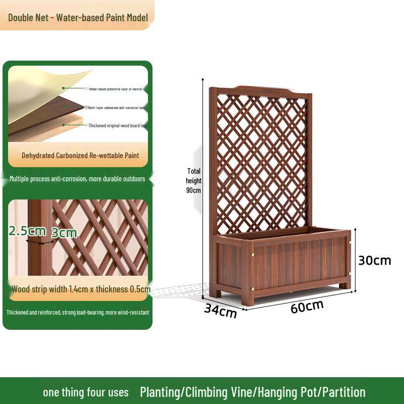 Carbonized Wooden Planter with Trellis: Outdoor Anticorrosive Flower Pot and Climbing Rack for Balcony or Garden.