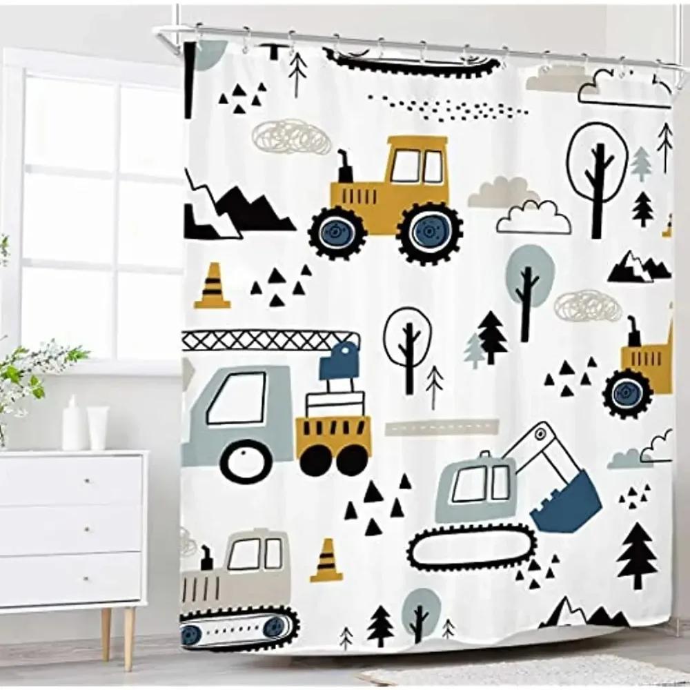Kid Excavator Shower Curtain Tractor Mechanic Truck Construction Vehicle Boys' Bulldozer Crane Hanging Curtains Bathroom Decor