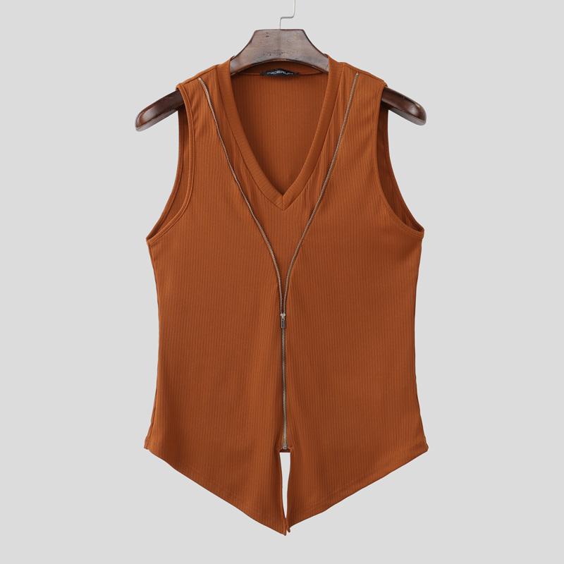 INCERUN Sommer Herren Ärmellos Unregelmäßig Patchwork Lässig Eng Anliegend Gerippt Tanktops Unterhemden 3XL orange