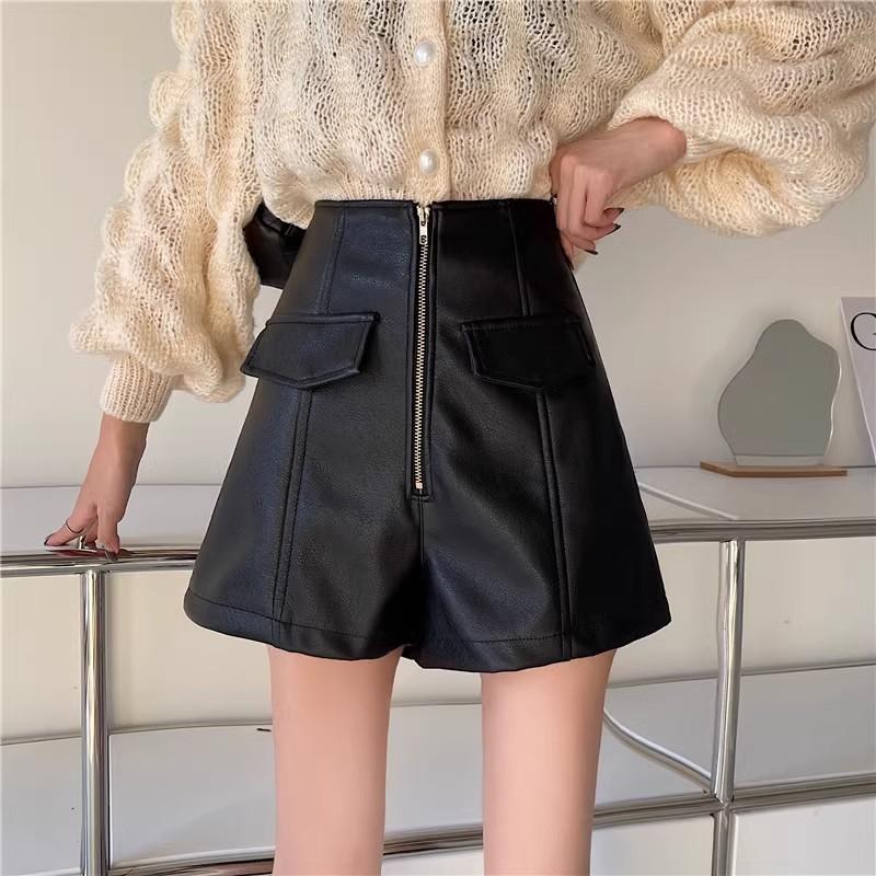 

Women s Fall Winter Fashion Plus Size Outer Wear High Waisted Zipper PU Leather Shorts Wide Leg A-Line Loose Slimming Pants Mini Shorts XS чёрный