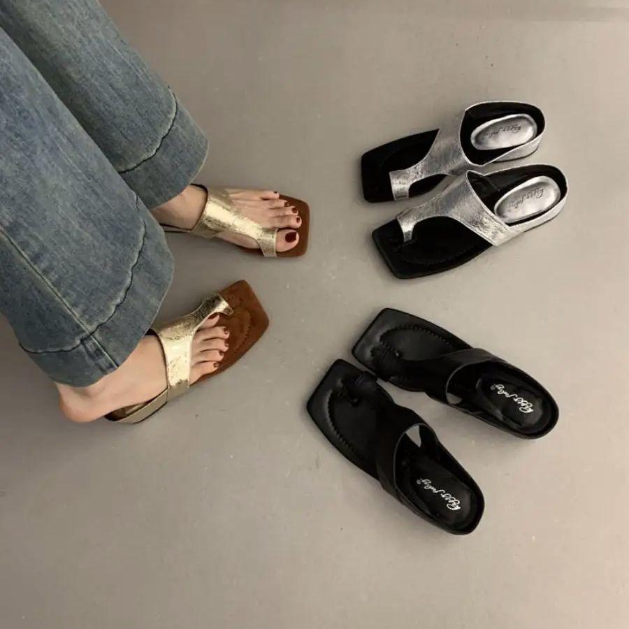 Mode Bailamos Mode Damen Hausschuhe Basic Zehenring Damen Sandalen Sommer Retro Peep Toe Einfarbig Täglich Lässig Flache Sandalen Strand Pantolette