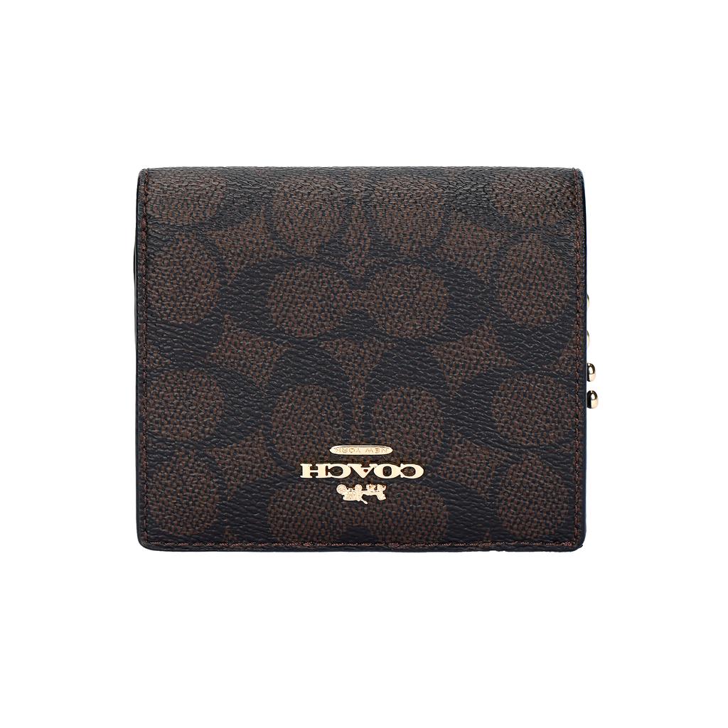 Coach Snap 11 Gold Logo Button Closure Coated Canvas Wallet Women wallet Walnut Black CW789-IMXAQ