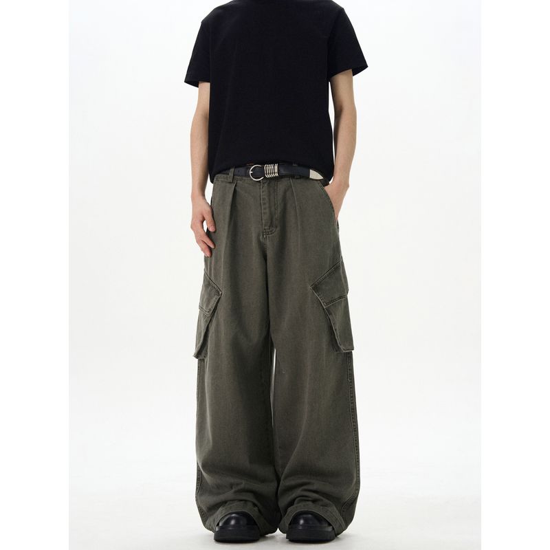 Kisko American Retro Washed Large Pocket Baggy Silhouette Cargo Pants Unisex Loose Straight Casual Wide-Leg Pants