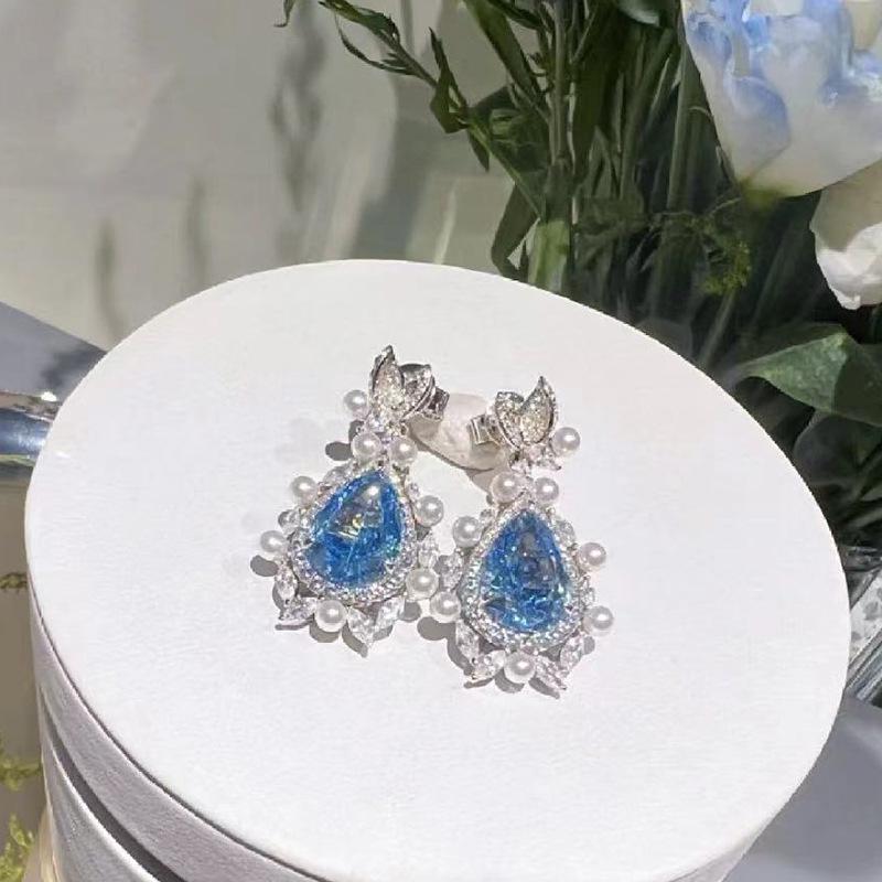 Luoxi Temple 2024 Ice Flower Cut Aquamarine Teardrop Earrings in 925 Sterling Silver
