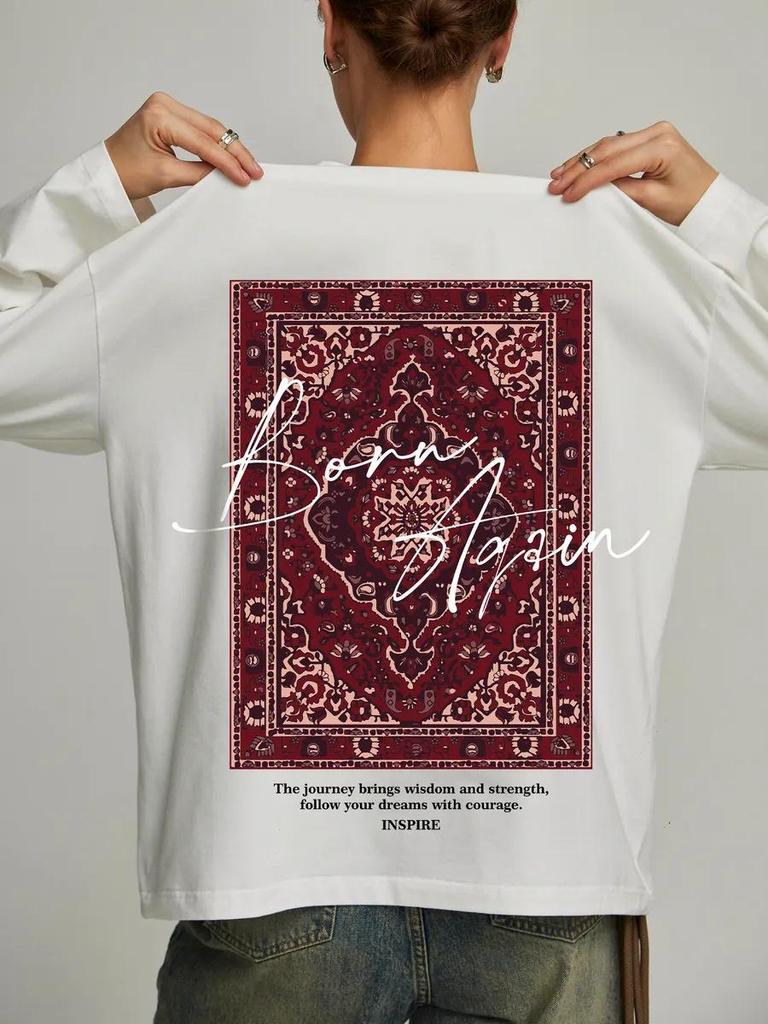 2025 Spring Retro Print Pure Cotton Mid-Length Long-Sleeve T-Shirt - Trendy & High-End