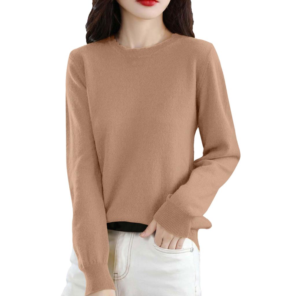 Women's Casual Lace Round Neck Base Layer Knitted Long Sleeve Solid Color Sweater