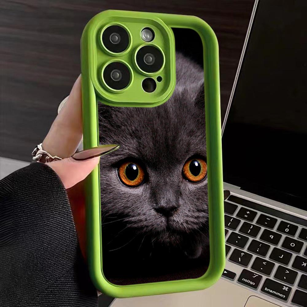 LZ3 Black Cat Green Eyes Silicone Phone Case for iPhone 11 13 14 15 16 Pro Max 7 8 16 Plus 12 mini XS Max XR Shockproof Back Cover
