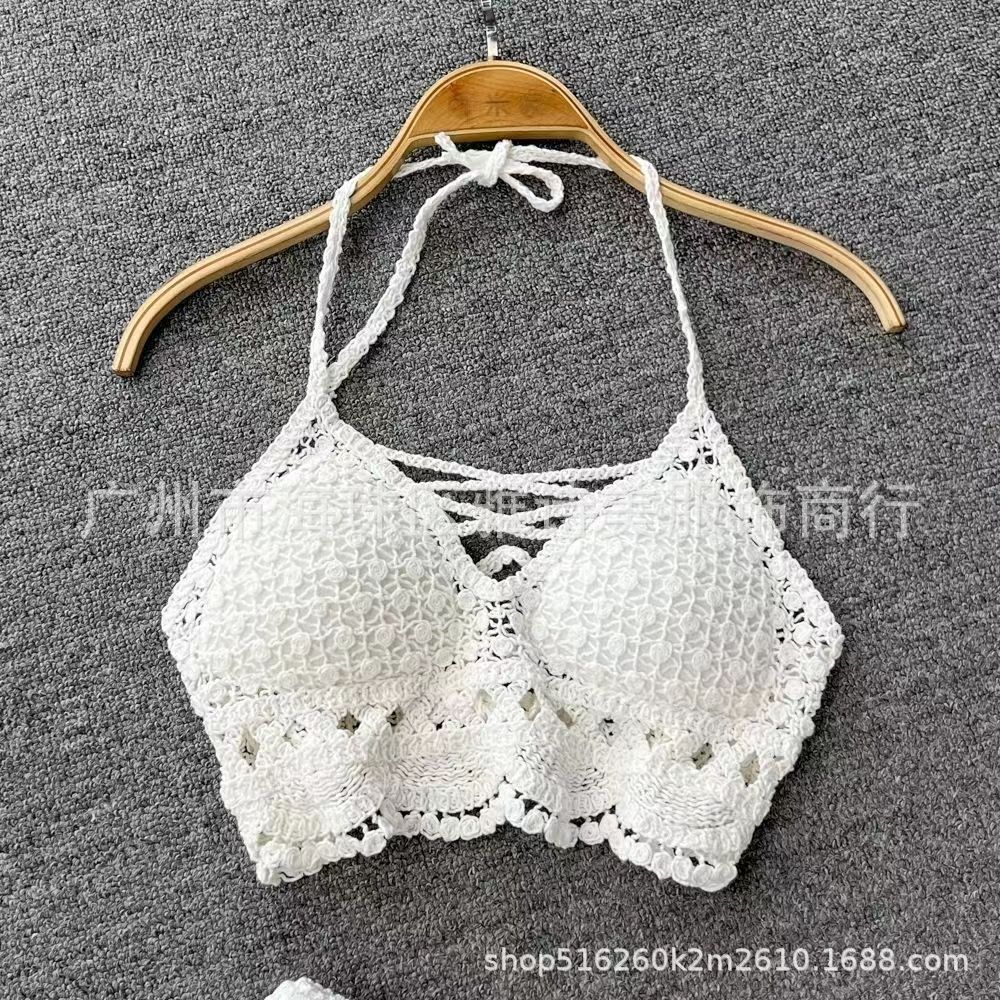 New fashionable and sexy tube top with small suspenders for women's summer seaside beach lace-up hollow knitted neck top