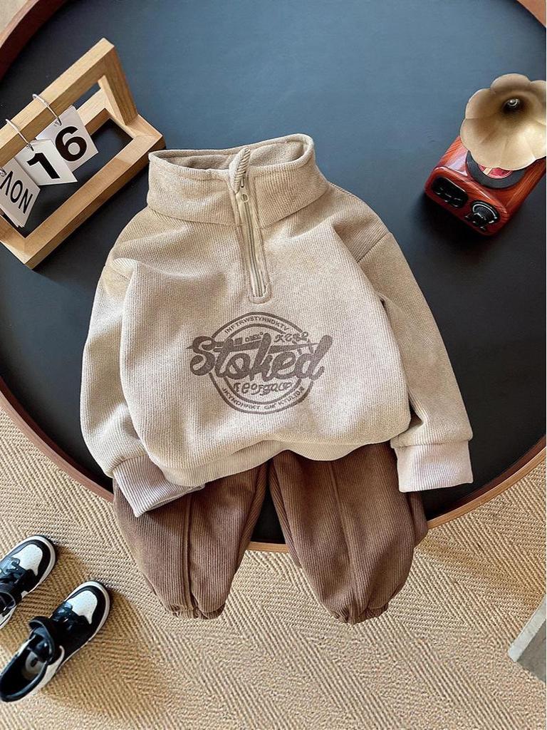 Modisches Herbst-Zweiteiler-Set für Jungen 2025: Lammwolle-Sweatshirt & Cord-Hose